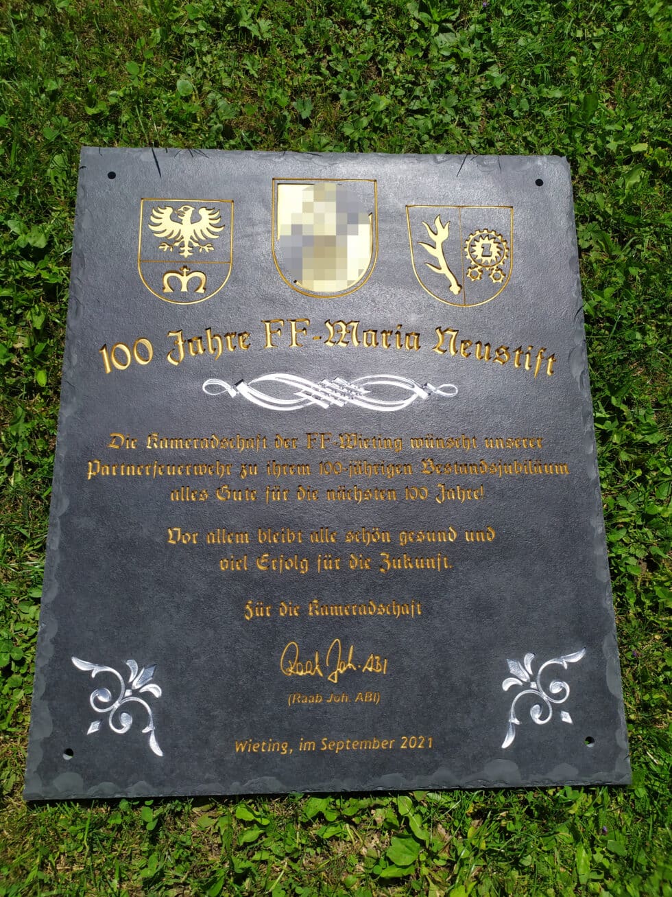 Schiefer-Schieferplatte gravur Kaernten-ehrentafel-feuerwehr geschenke-