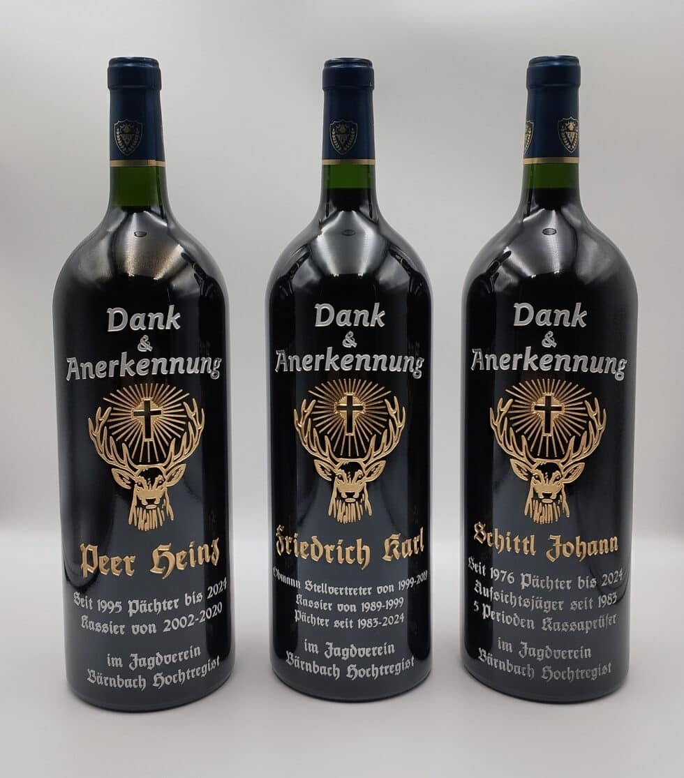 flaschen-gravur von mk gravurkunst-weinflasche geburtstag-jagdgeschenk-jagdverein ehrengeschenk